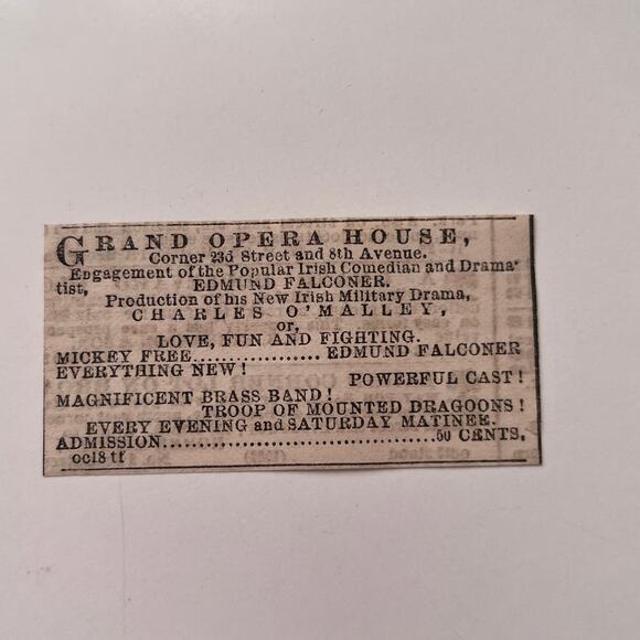None and/or Unknown Other - Grand Opera House 23rd St & 8th Ave Edmund Falconer 1869 NY Clipping SAJ7-S105
